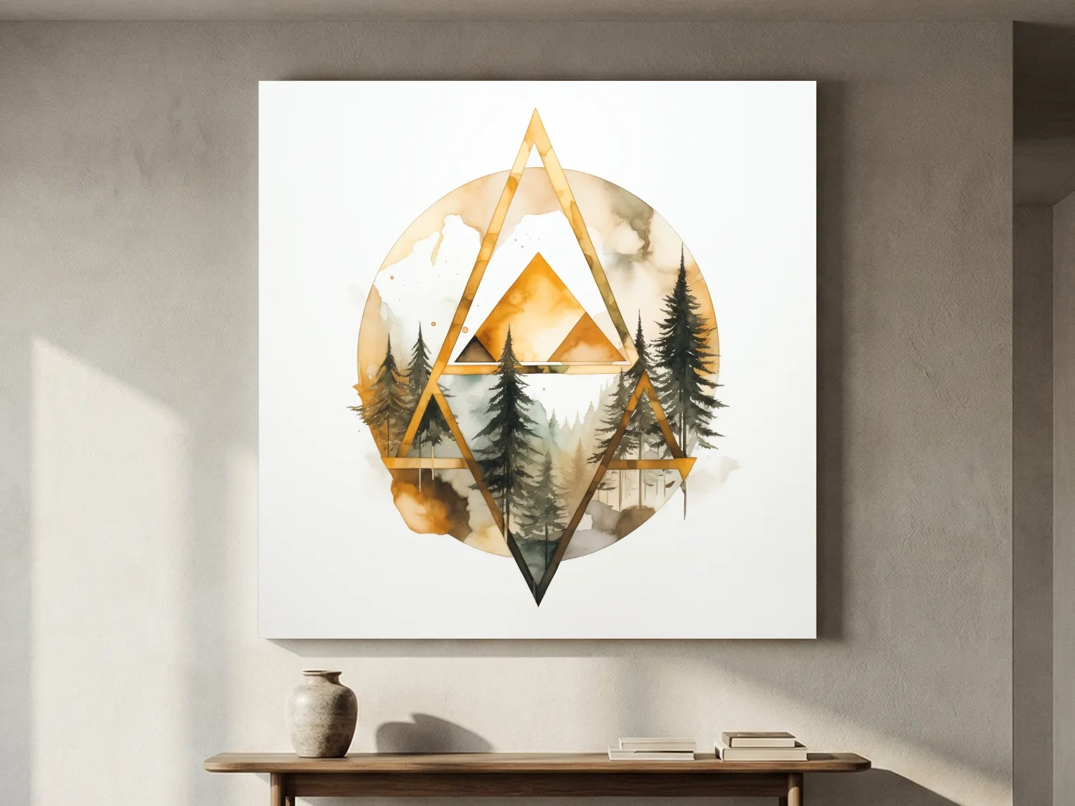 Rustic Elegant Watercolor Mountain Pine Forest - Abstract Golden Geometric Nature Wall Art