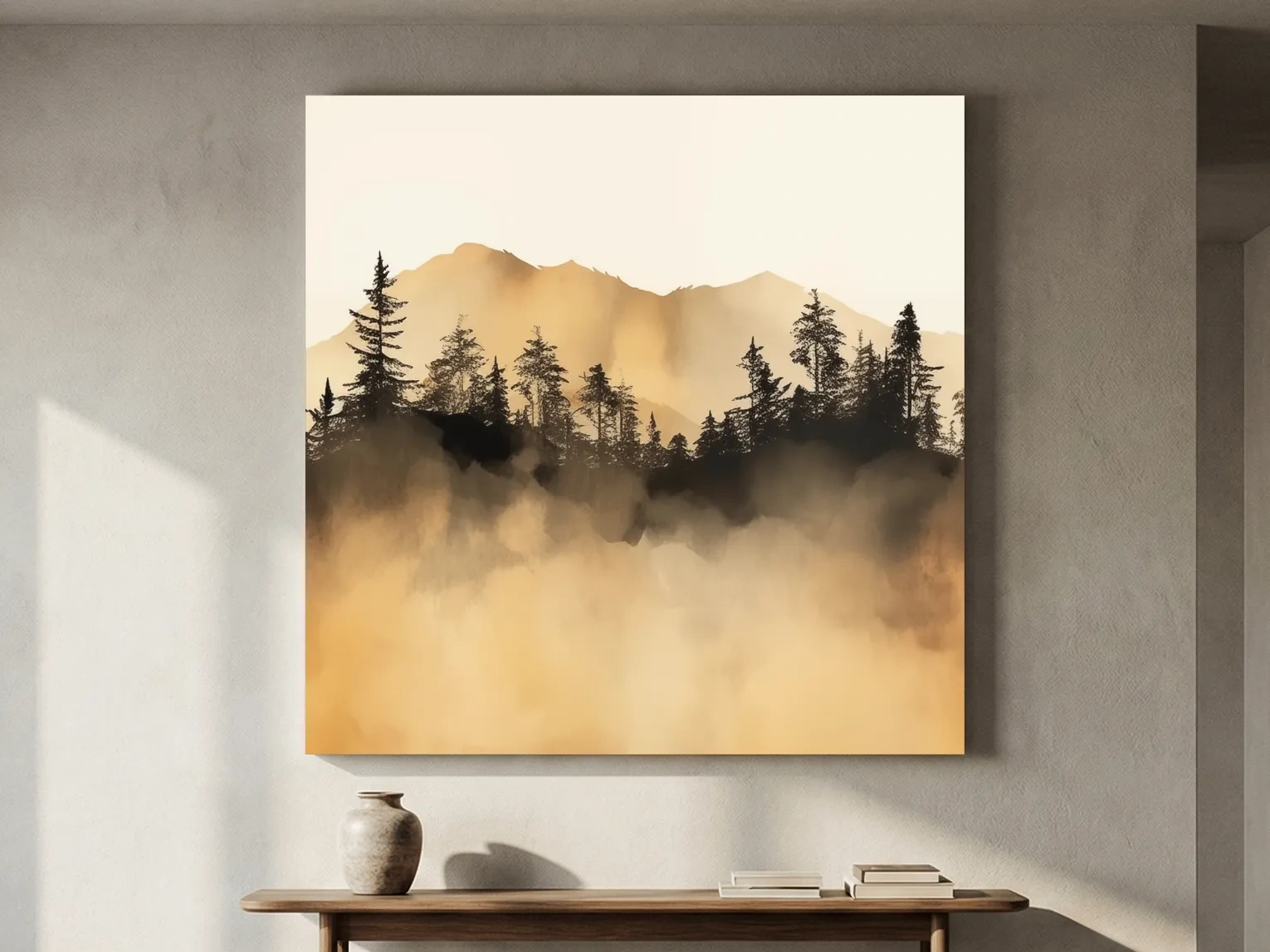 Misty Golden Mountain Pine Forest - Sepia Watercolor Landscape Wall Art