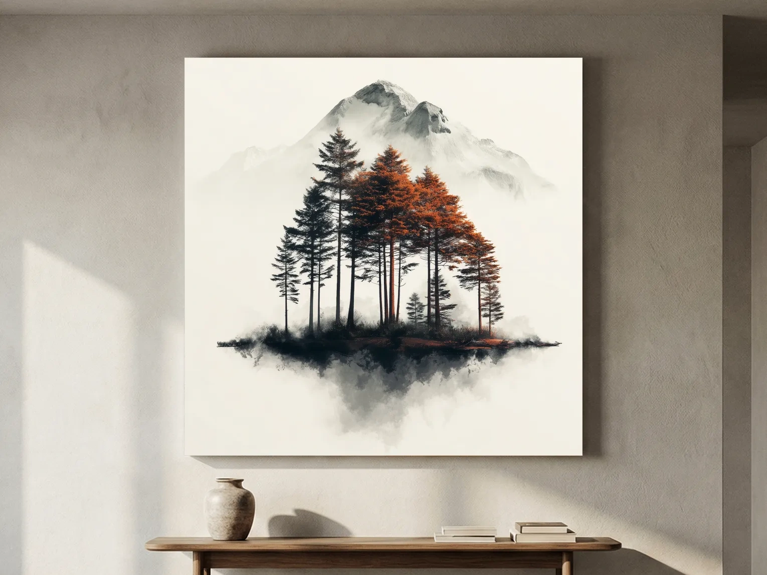 Misty Mountain Pine Forest Watercolor - Autumn Landscape Wall Art