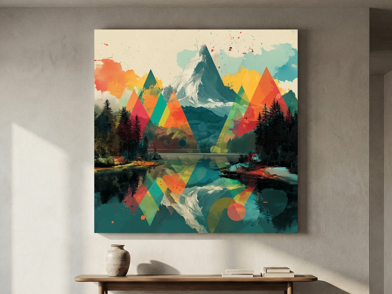 Vibrant Abstract Mountain Lake Collage Art - Colorful Alpine Wall Art