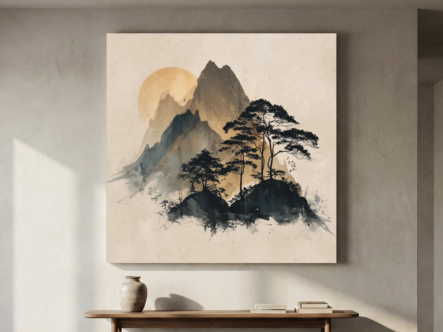 Zen Ink Wash Mountain Sunrise - Minimalist Japanese Pine Landscape Wall Art