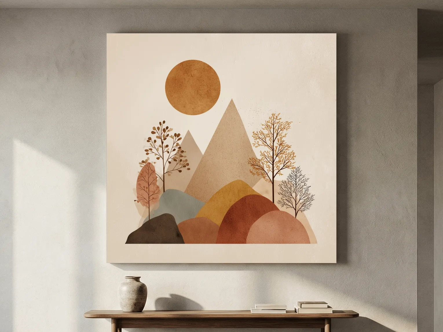 Minimalist Scandi Mountain Sunset Landscape - Boho Neutral Earth Tone Wall Art