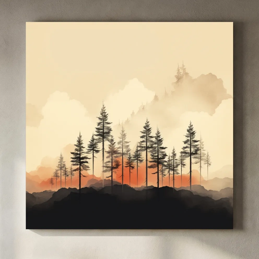 Misty Pine Forest Silhouettes At Sunrise - Minimalist Watercolor Mountain Wall Art