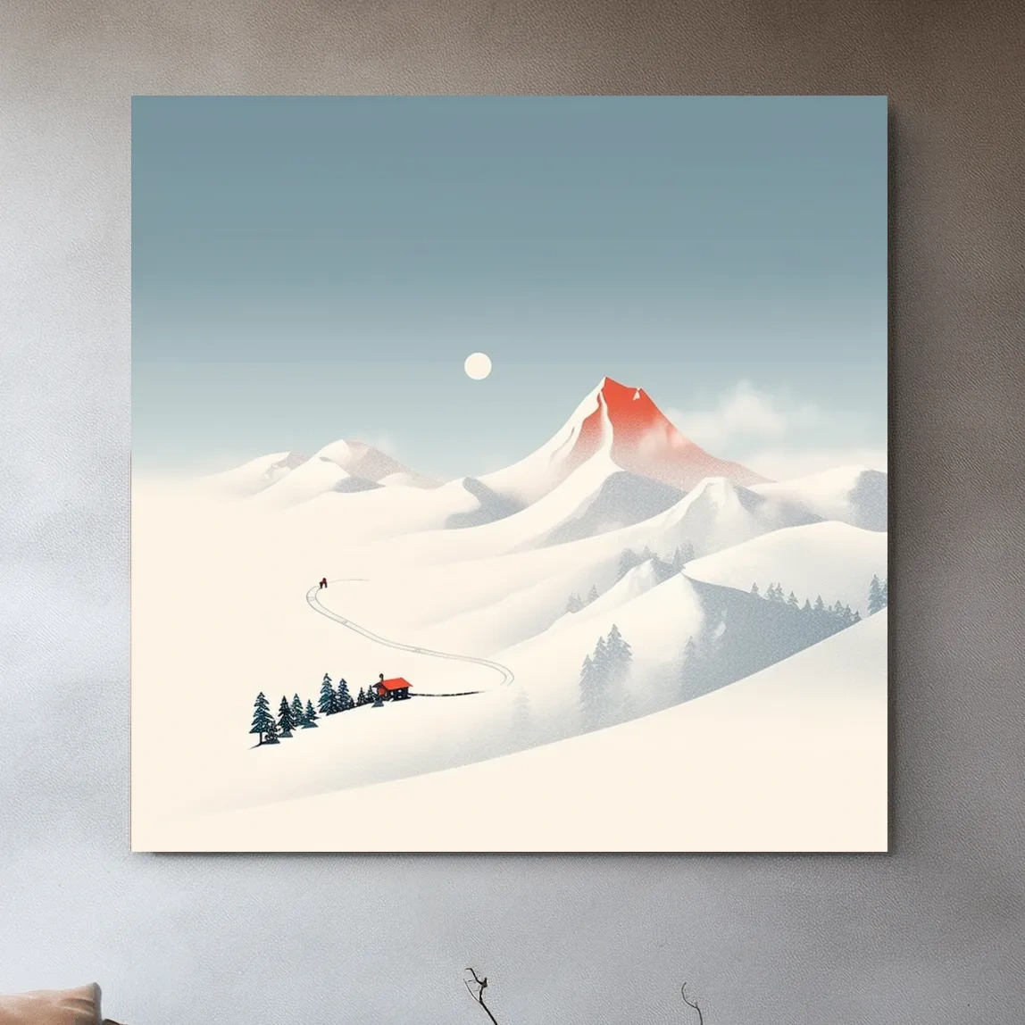 Minimalist Snowy Mountain Cabin Landscape - Nordic Winter Wall Art