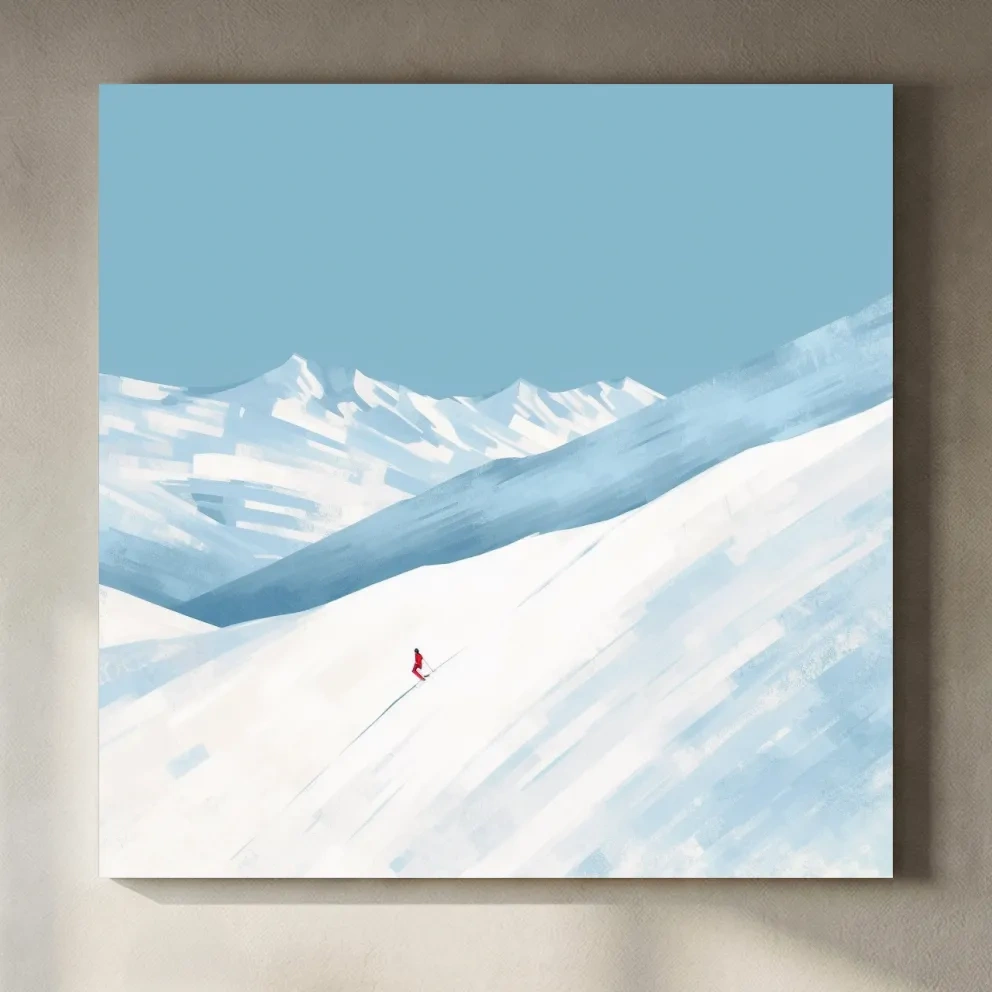Minimalist Snowy Mountain Skier Painting - Alpine Winter Wall Art