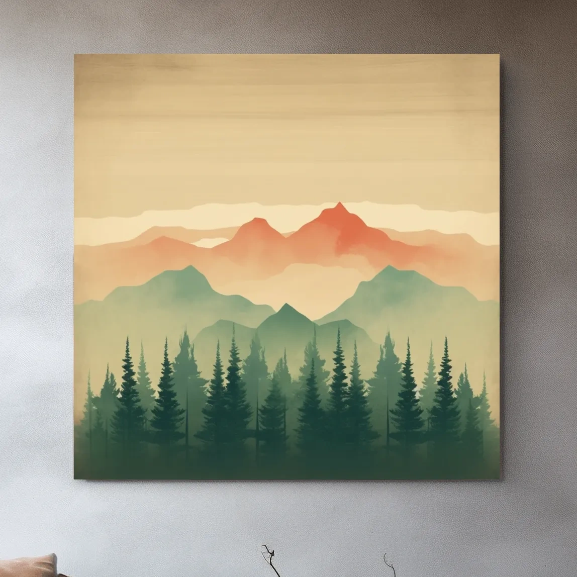 Minimal mountain artwork, treeline in the alpine mist