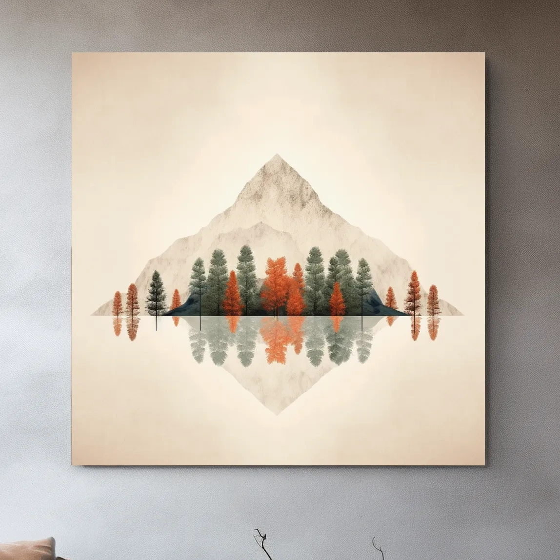 Minimalist Minimal Mountain Lake Reflection Painting - Autumn Pine Forest Artwork
