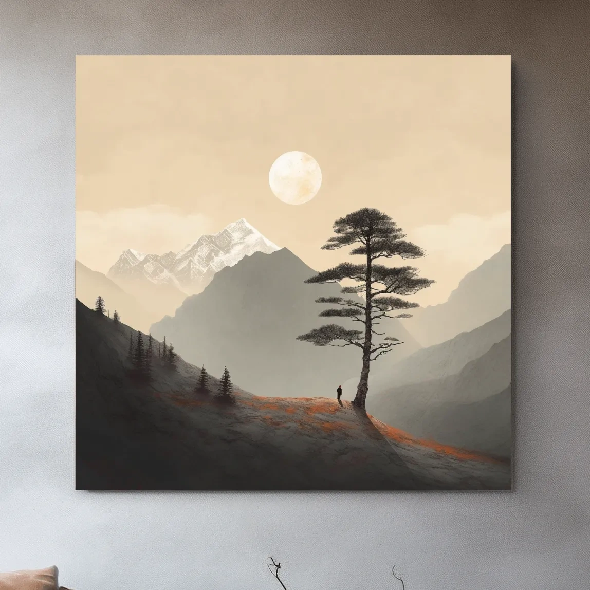 Minimalist Moonlit Mountain Lone Pine - Serene Landscape Wall Art