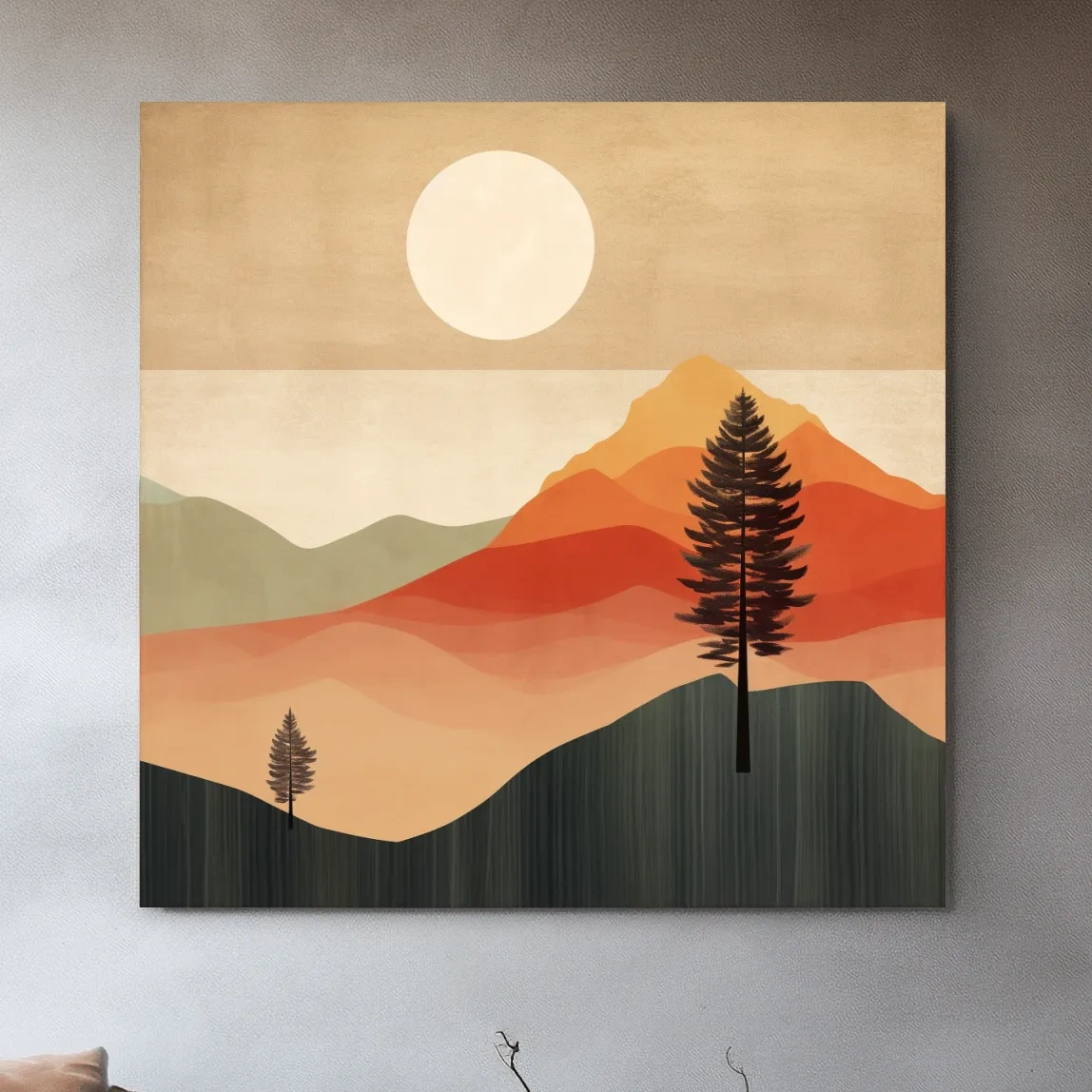 Mimimalist mountain art, sunset over the mountains