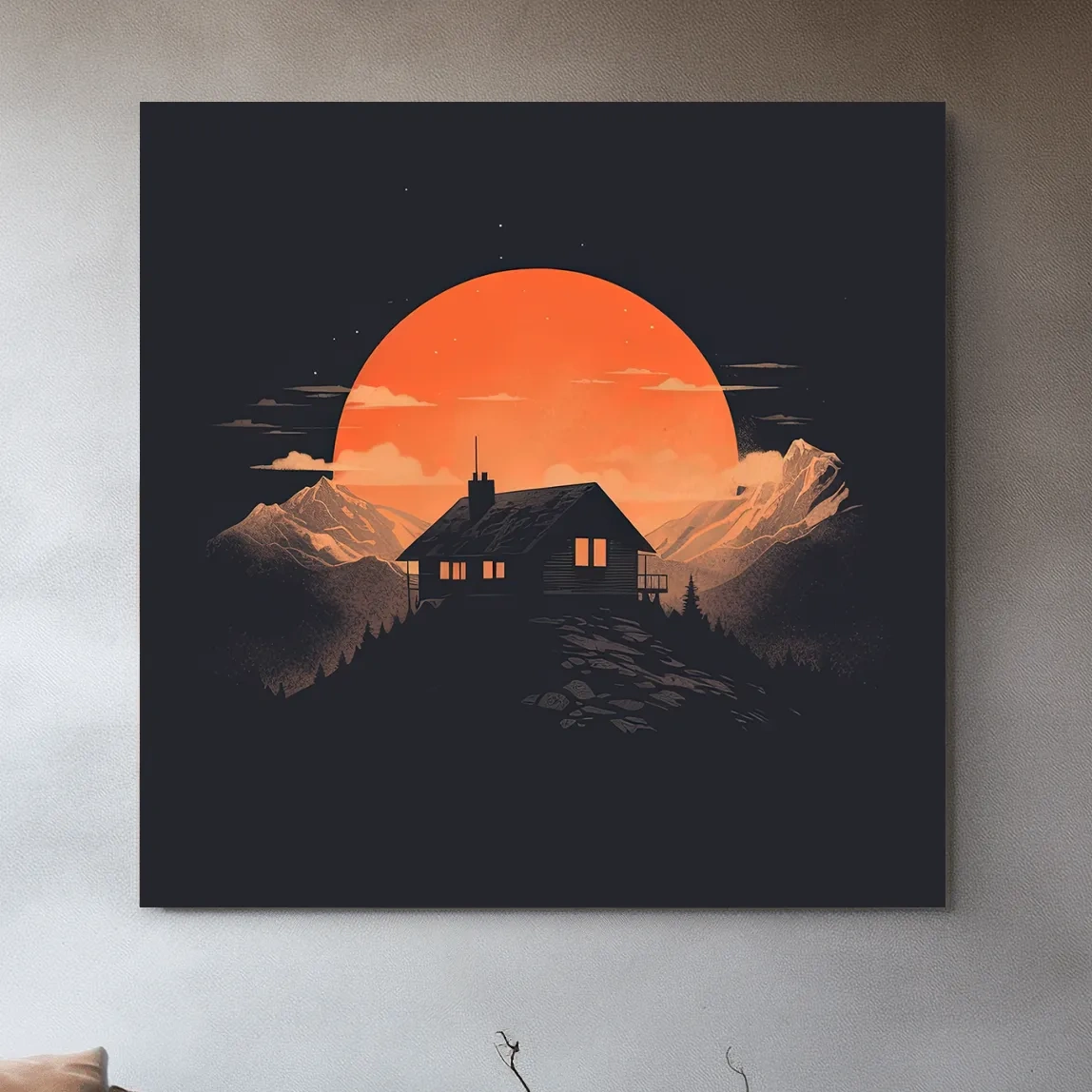 Minimal art, cabin at sunset