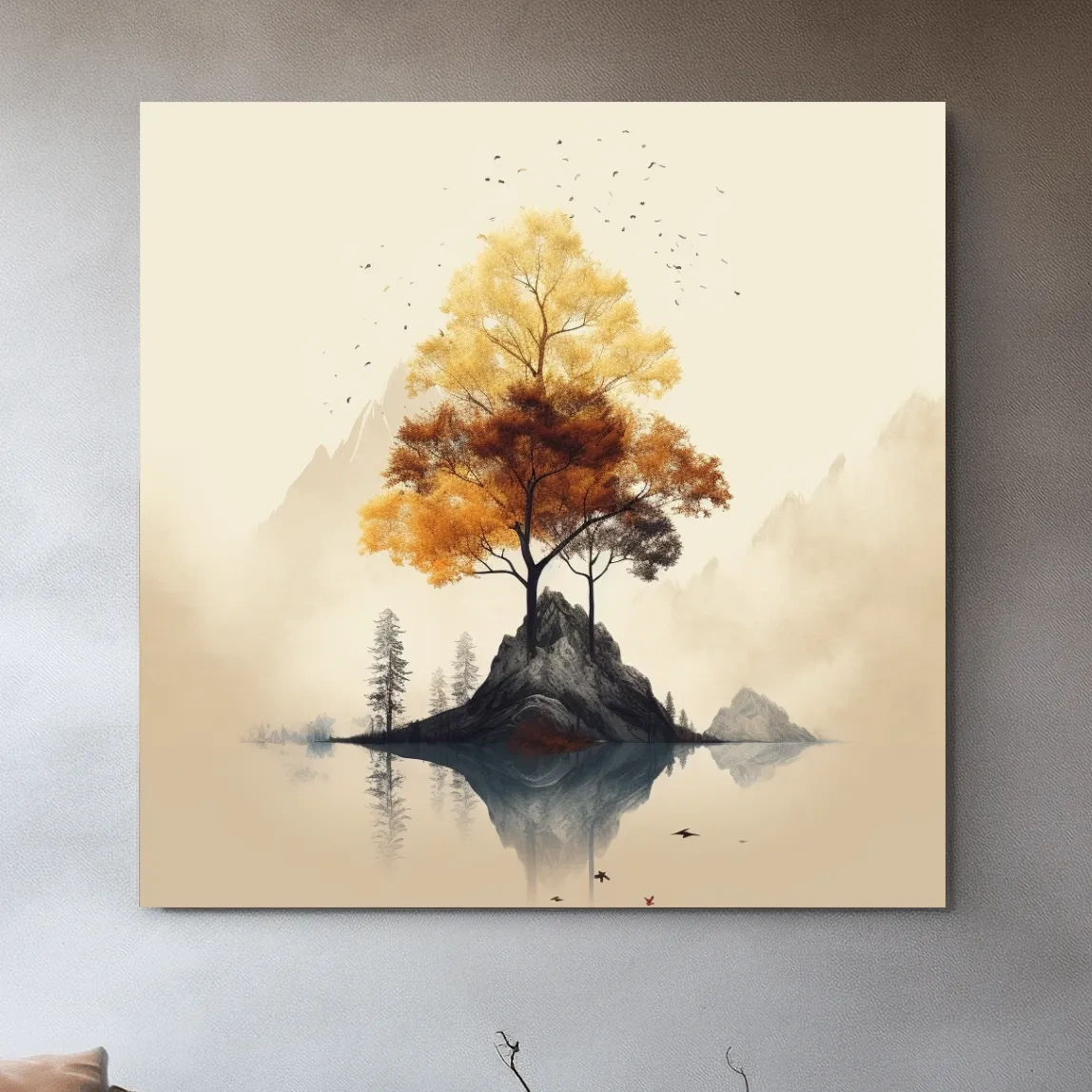 Golden Autumn Tree Island Landscape - Minimalist Watercolor Nature Wall Art