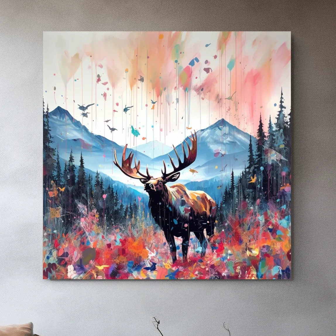 Abstract splattered painting of a large moose