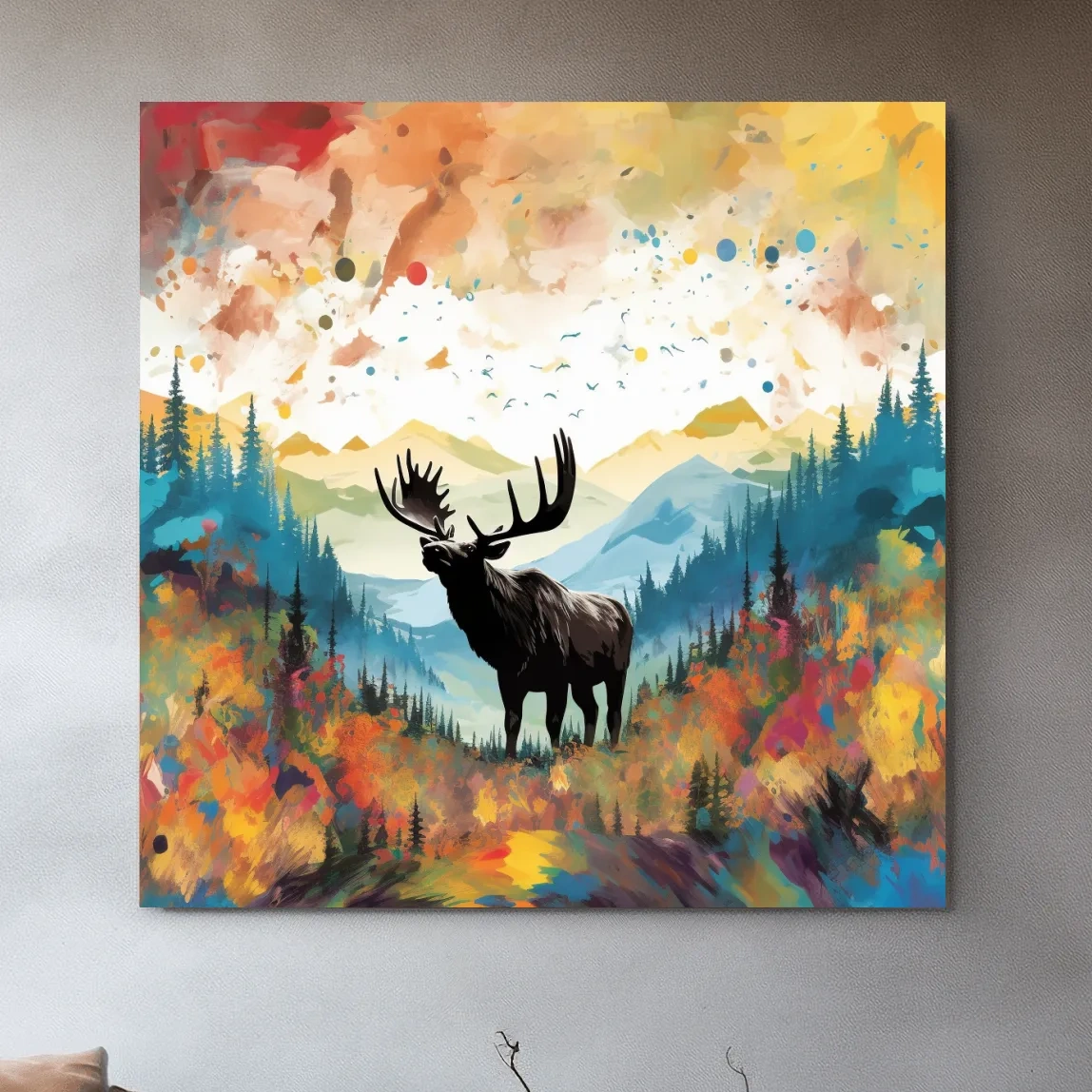 Abstract splattered painting of a large moose