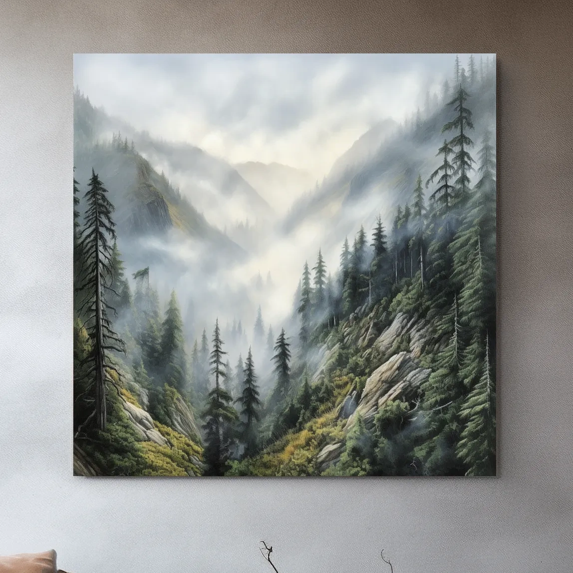 Painting of fog rolling through the mountains and trees