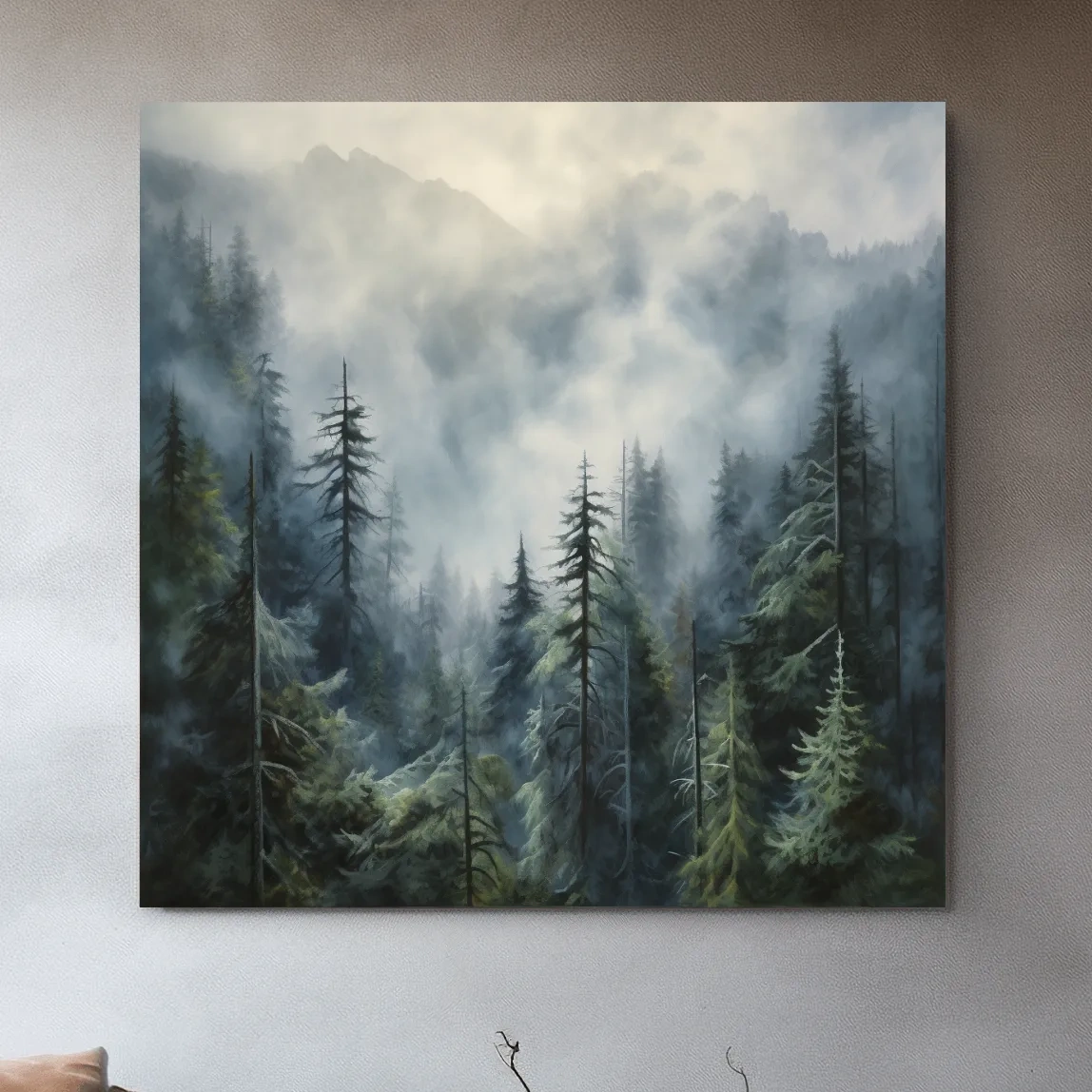 Painting of foggy forest in the mountains