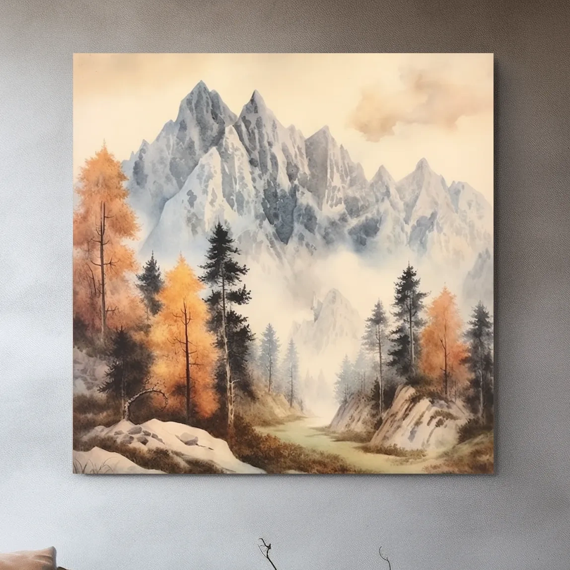 Watercolor Alpine Mountains With Autumn Pines - Serene Wall Art