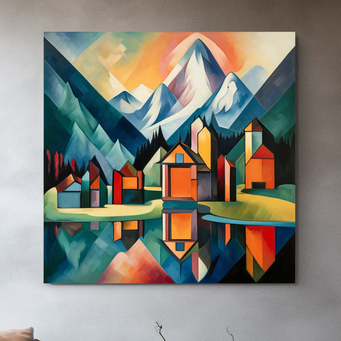 Abstract painting of a mountain town by a glacier