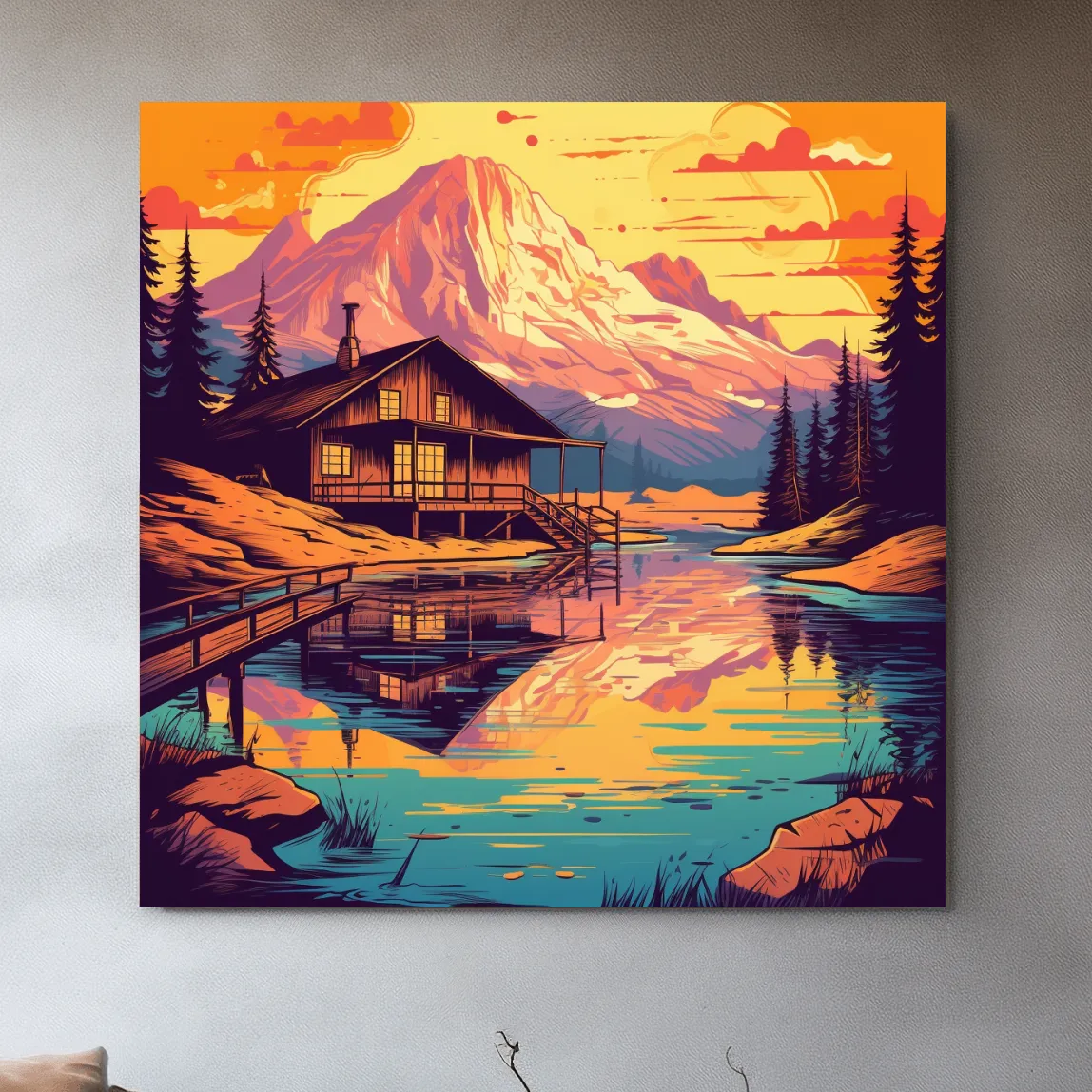 Colourful illustration of a cabin by an alpine lake at sunset