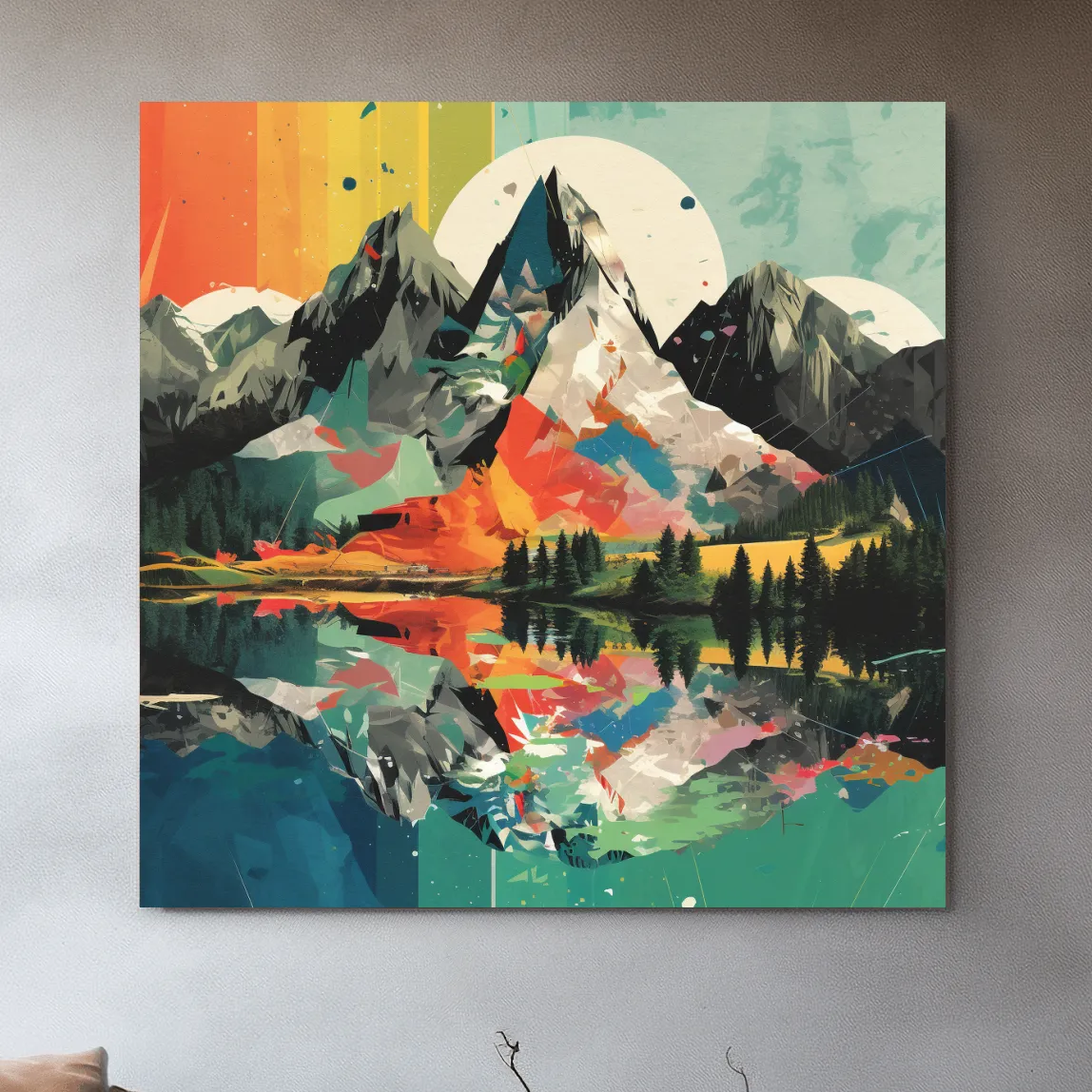 Vibrant Abstract Mountain Lake Collage Art - Colorful Alpine Wall Art