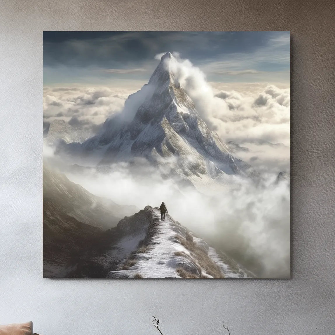 Painting of a person walking along a high alpine ridge