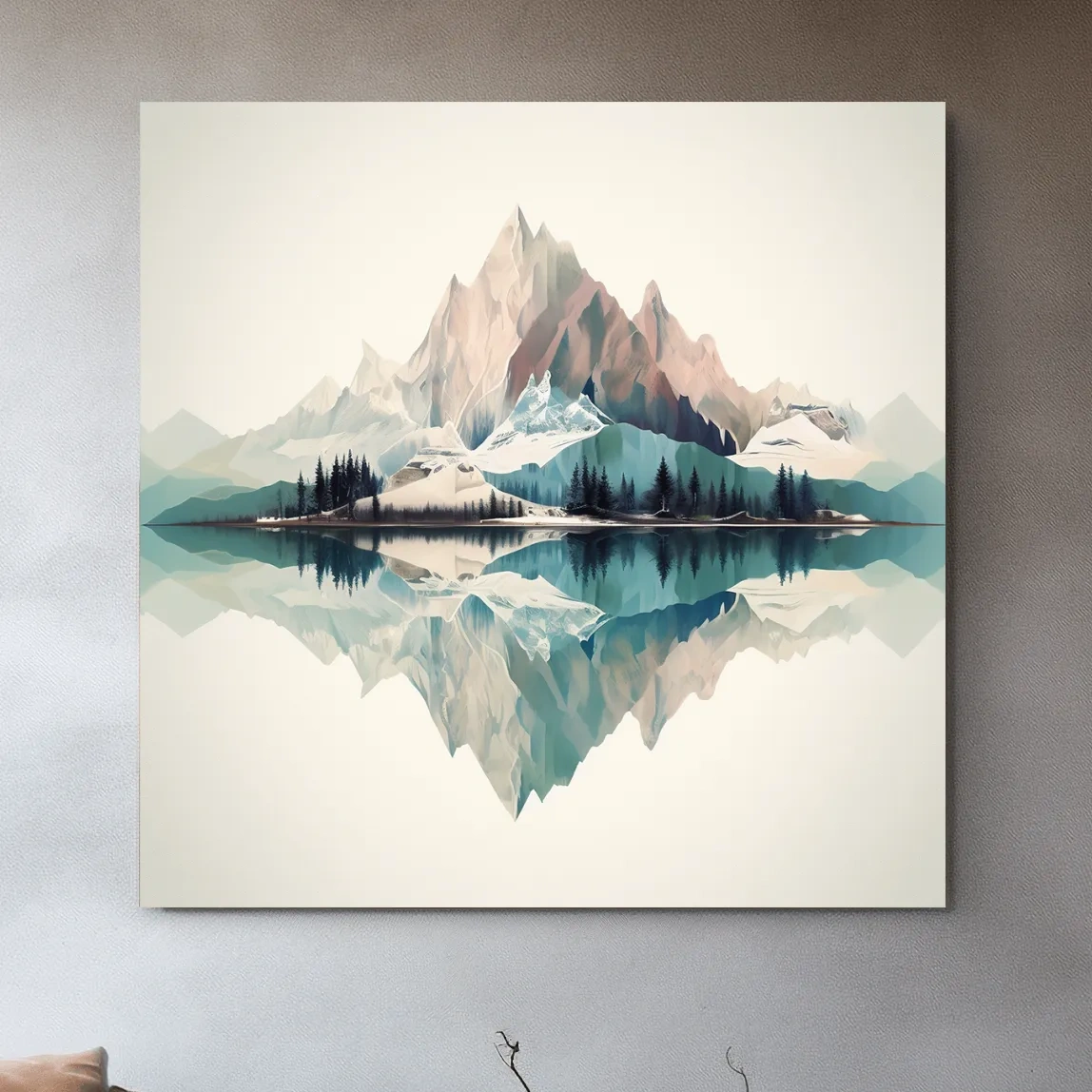 Minimalist Alpine Mountain Lake Reflection - Serene Pastel Watercolour Wall Art