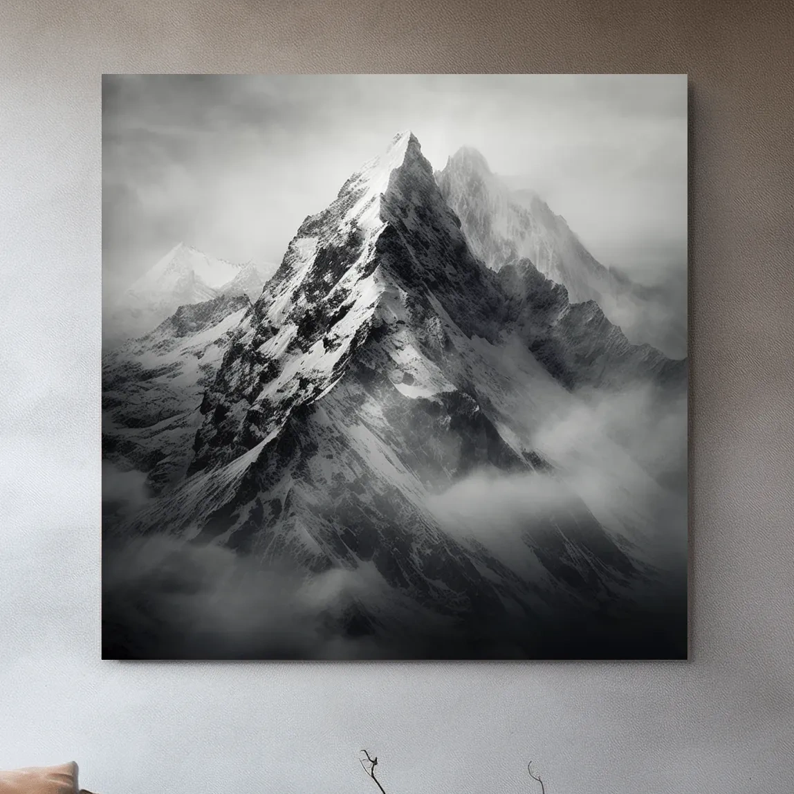 Photographic art, ominous snowy peaks in the clouds