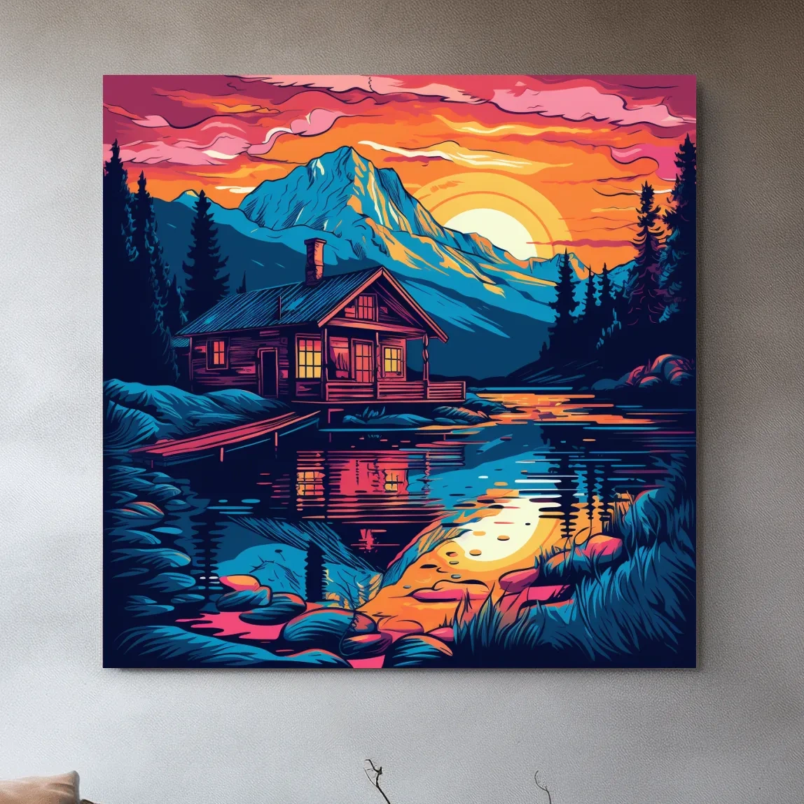 Vibrant Retro Alpine Lake Cabin Sunset - Vector Mountain Wall Art