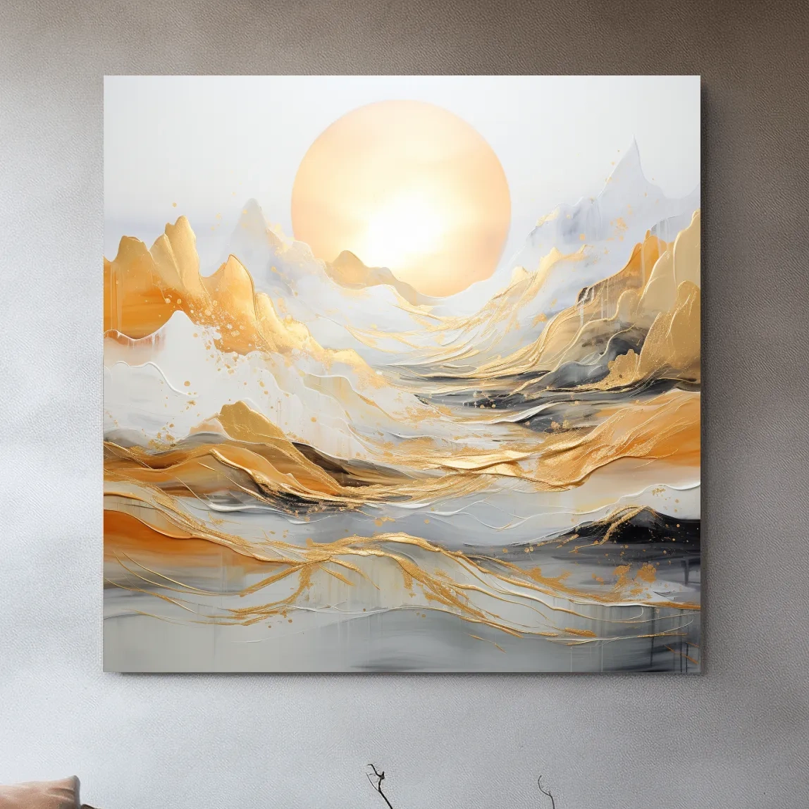 Mountain landscape art, gold leaf painting style