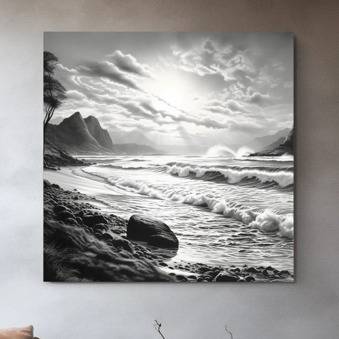Black and white drawing of a sunny beach scene