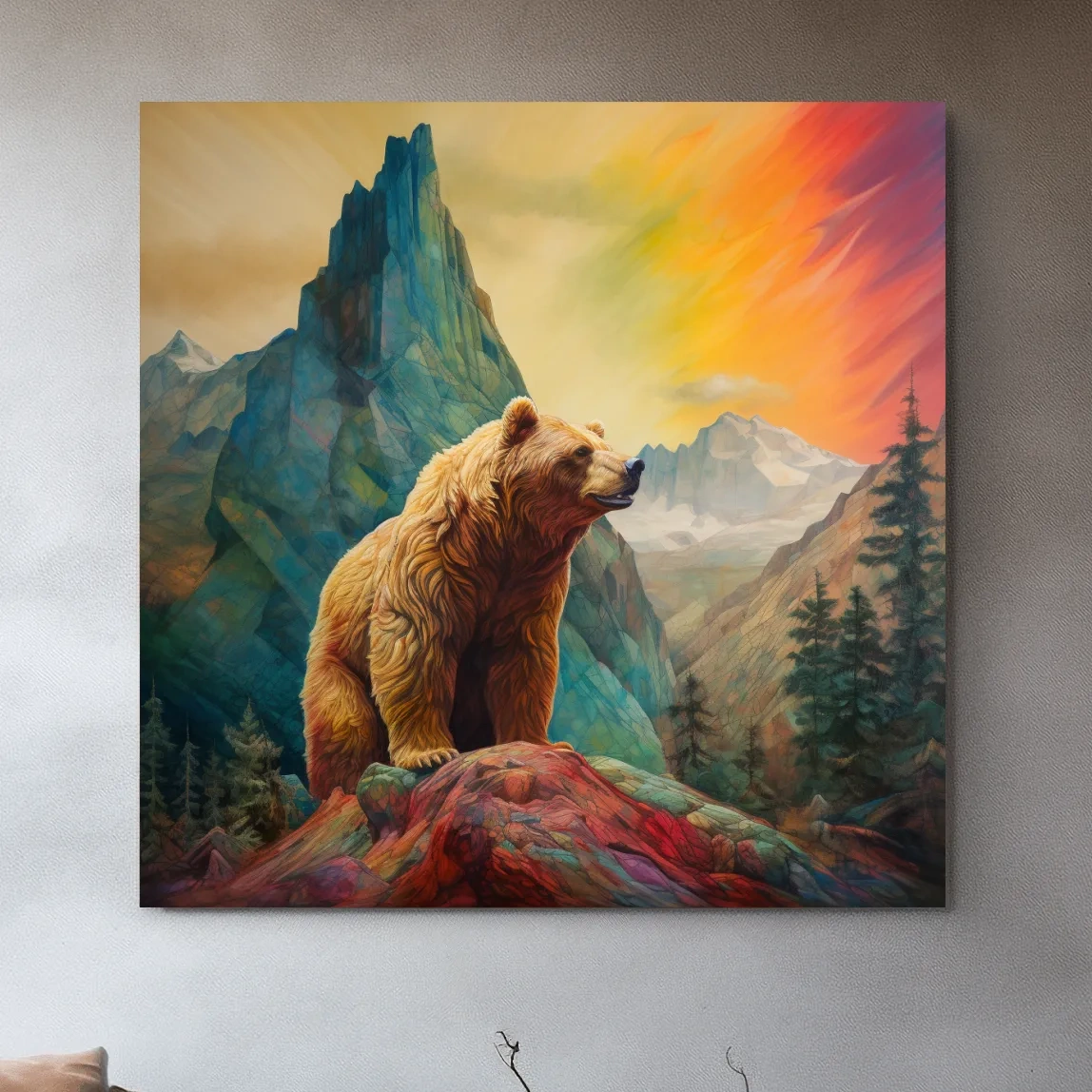 Colourful painting of a gizzly bear in the mountains