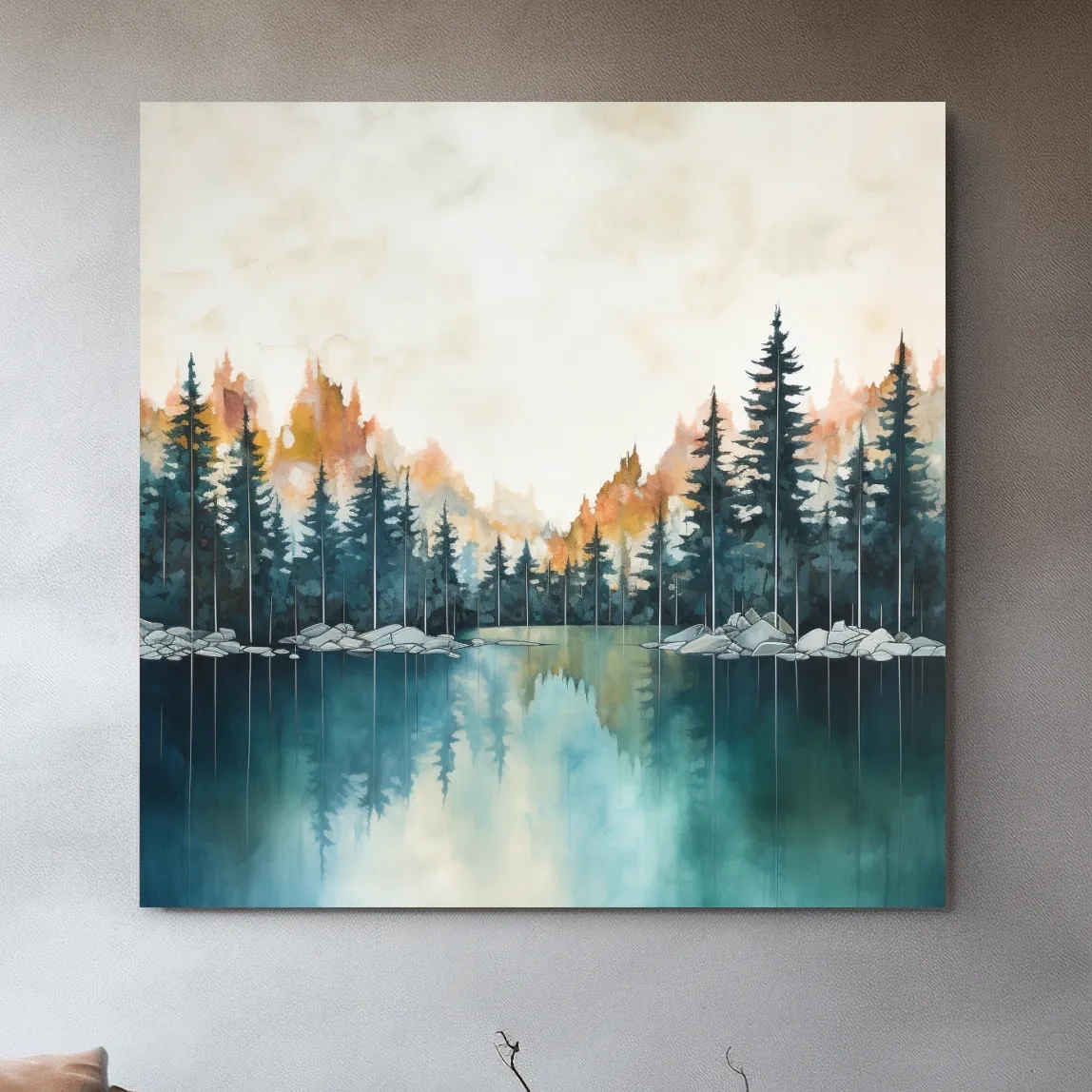 Blue and orange watercolour painting of a treelined lake