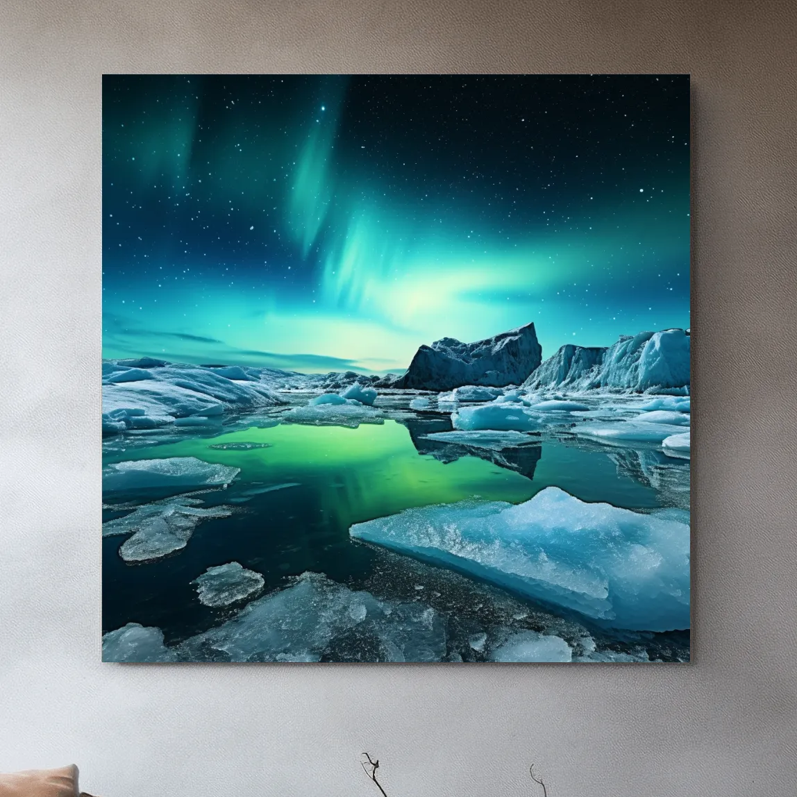 Photographic art, turquoise northen lights over the artic ice