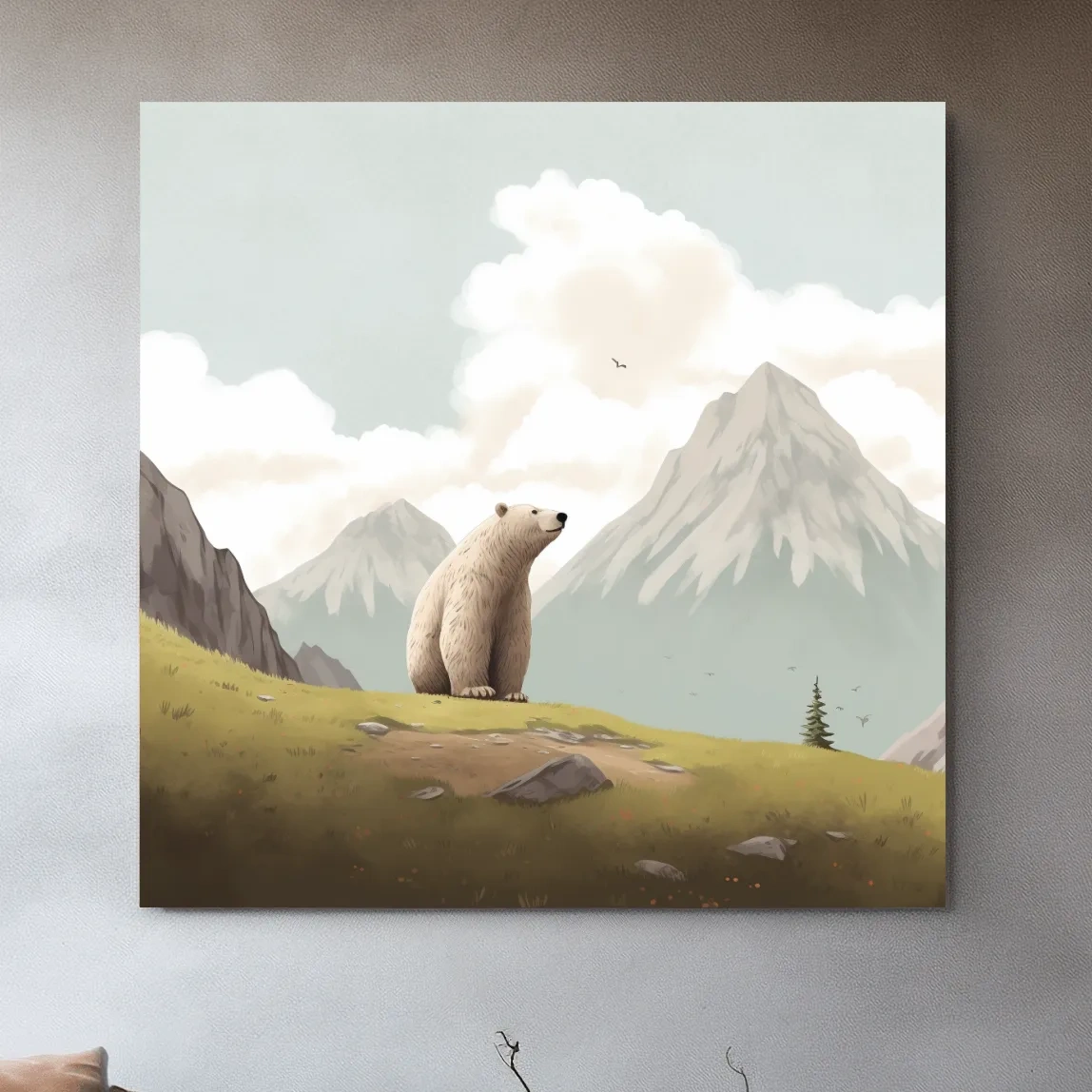 Illustration of a happy bear chilling in the alpine