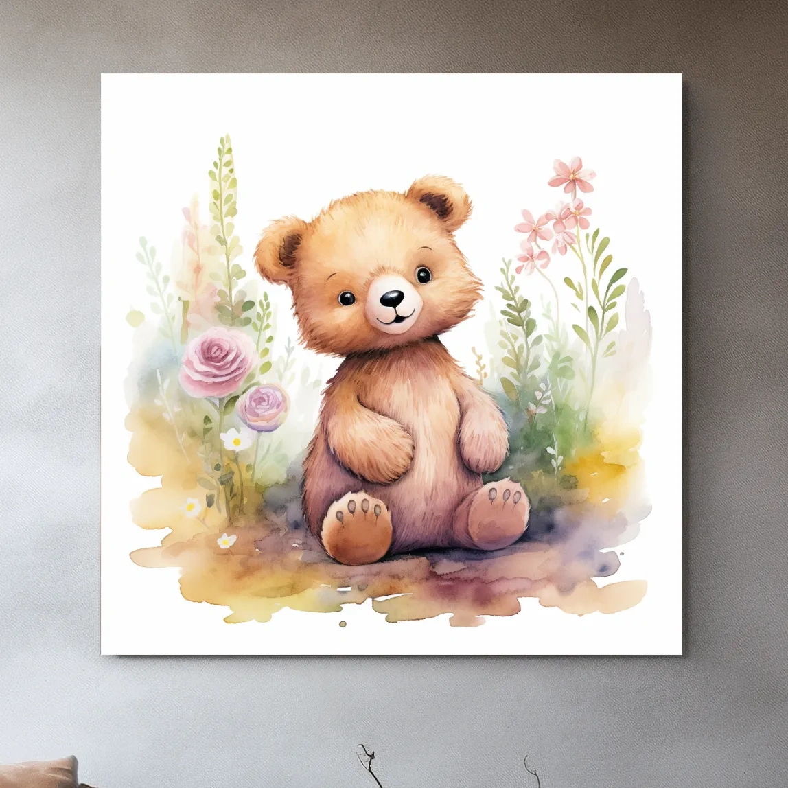 Nursery art, watercolor painting of a cute baby bear