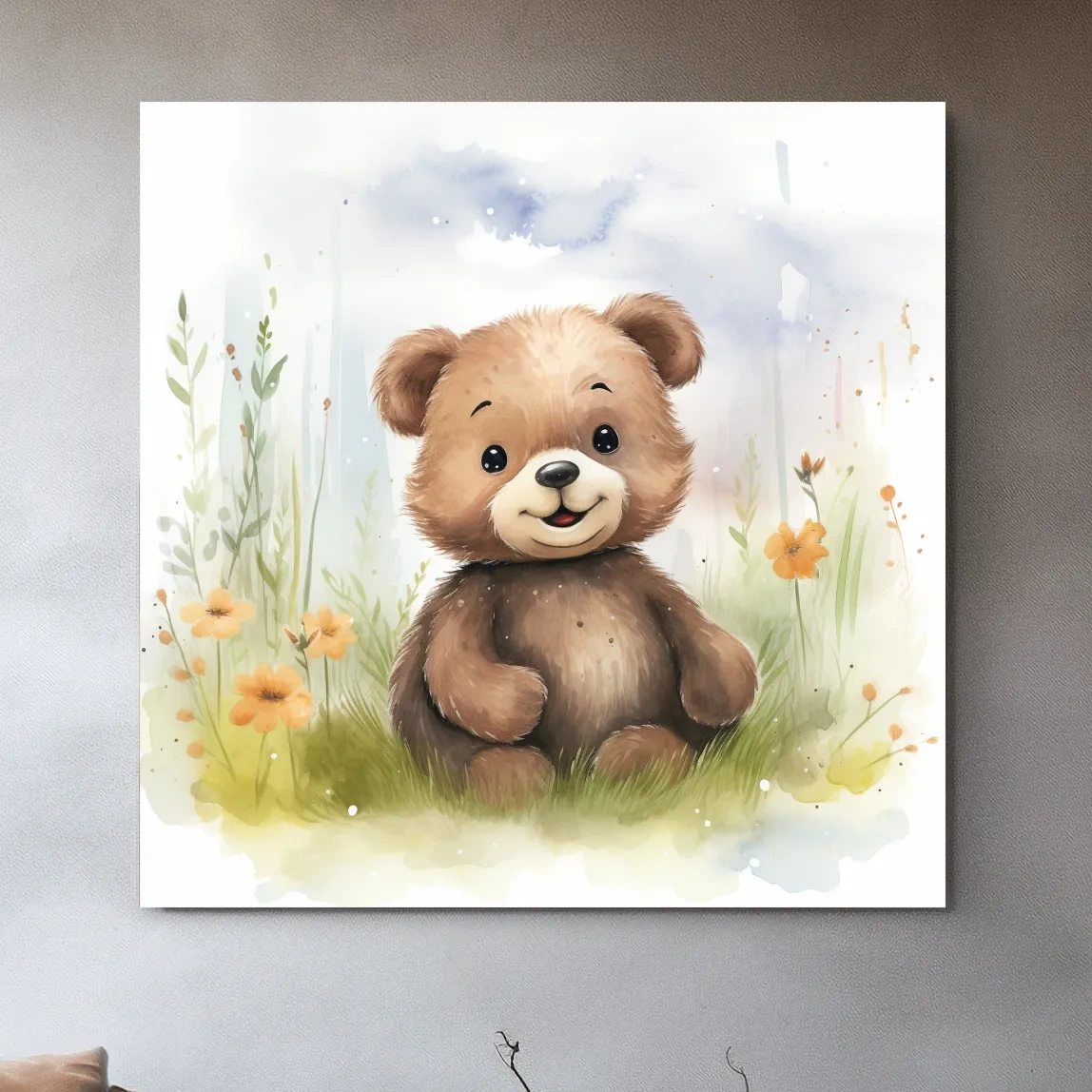 Nursery illustration, watercolor painting of a cute happy bear cub