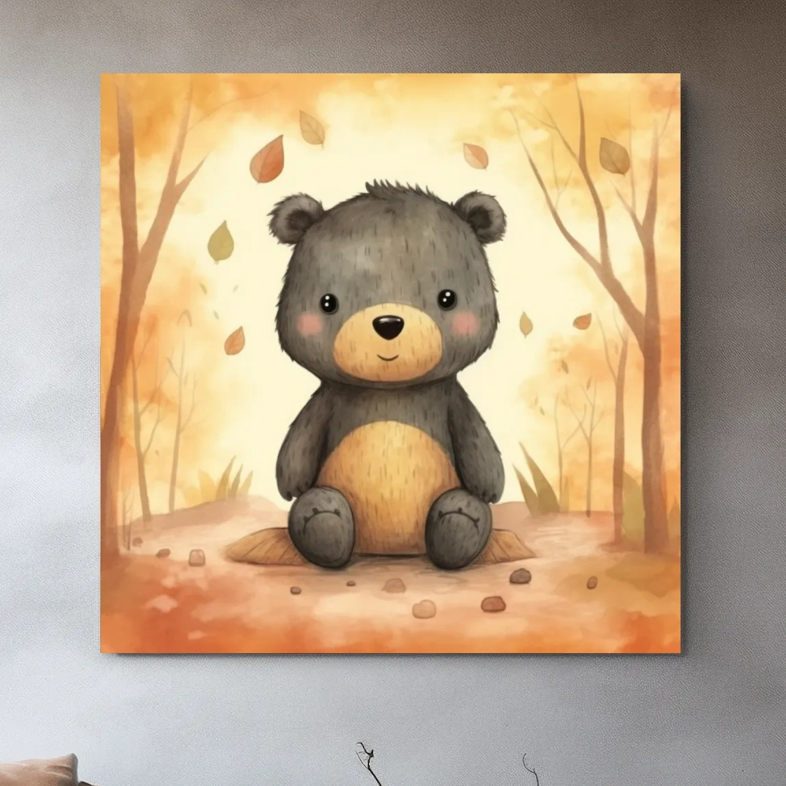 An illustration of a cute bear sitting in the forest, childrens art