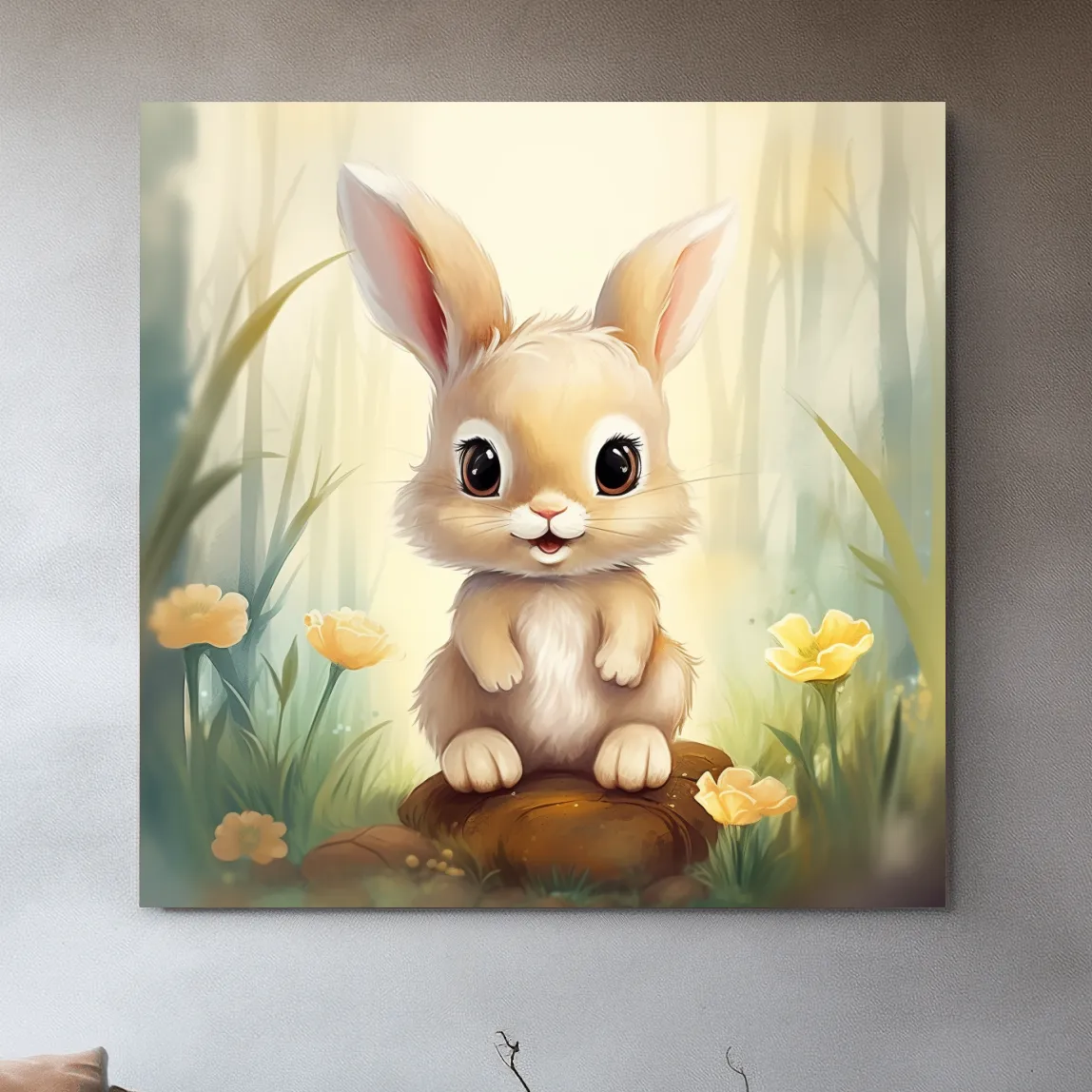 Nursery art - illustration of a cute bunny rabbit in the forest
