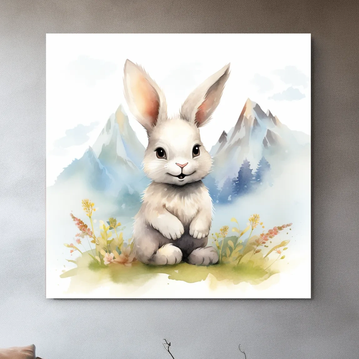 Nursery art - watercolor painting of a cute bunny rabbit in the mountains