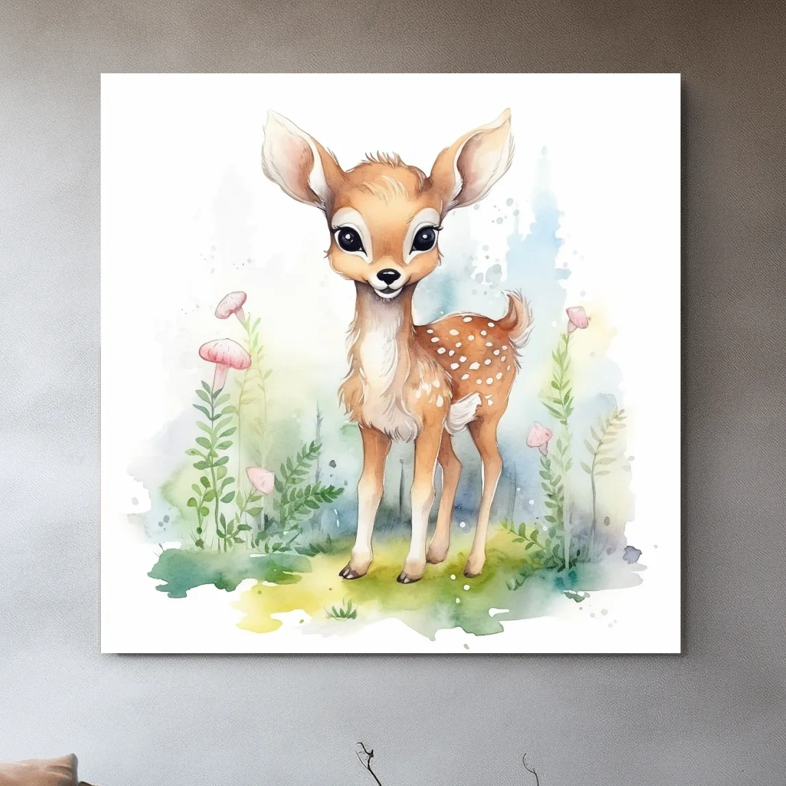 Nursery art, watercolor painting of a cute fawn in the forest