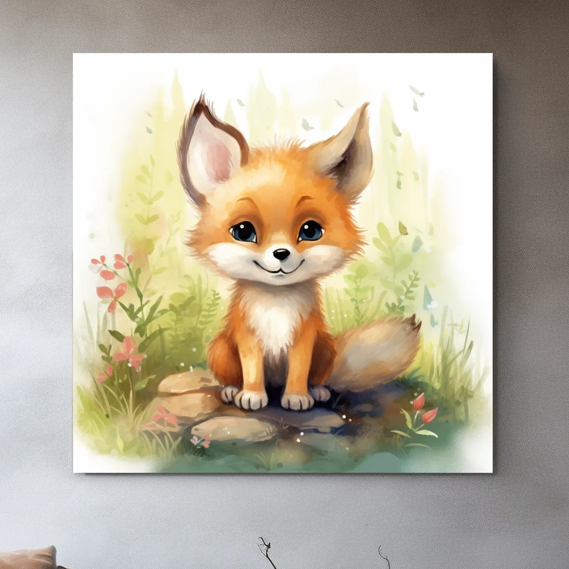 Watercolor nursery art painting, a cute baby fox cub sitting in the forest