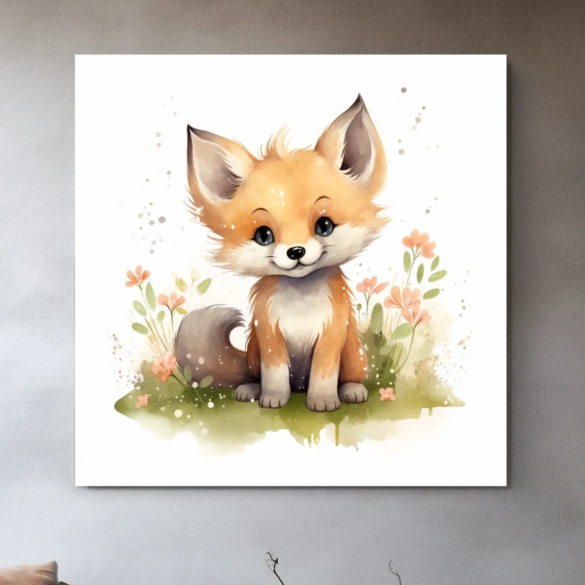 Watercolor illustration, a cute fox cub in the flowers, nursery art