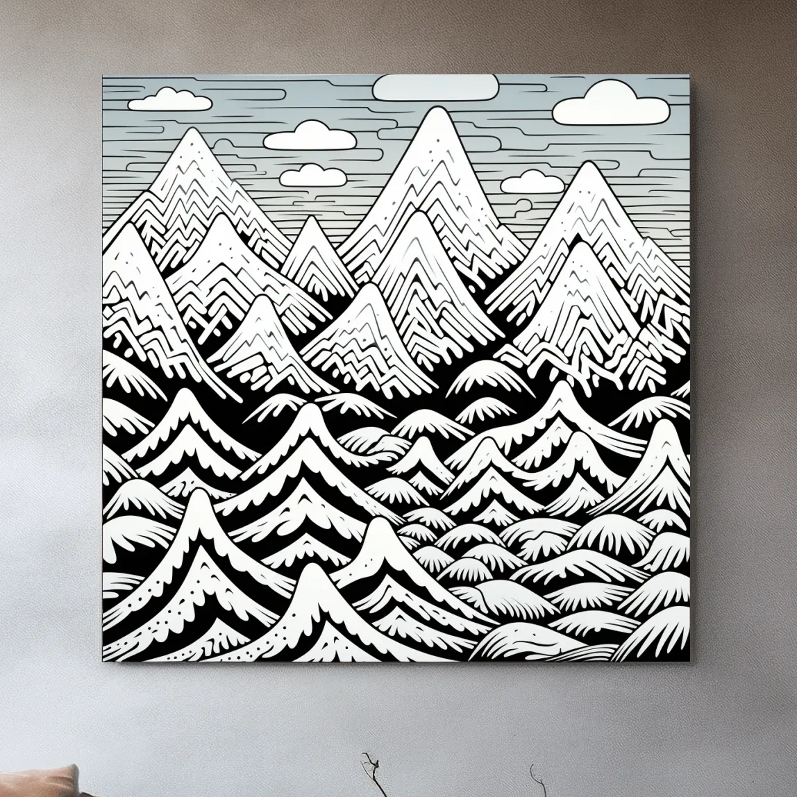Black and white illustration drawing of snowy mountain patterns