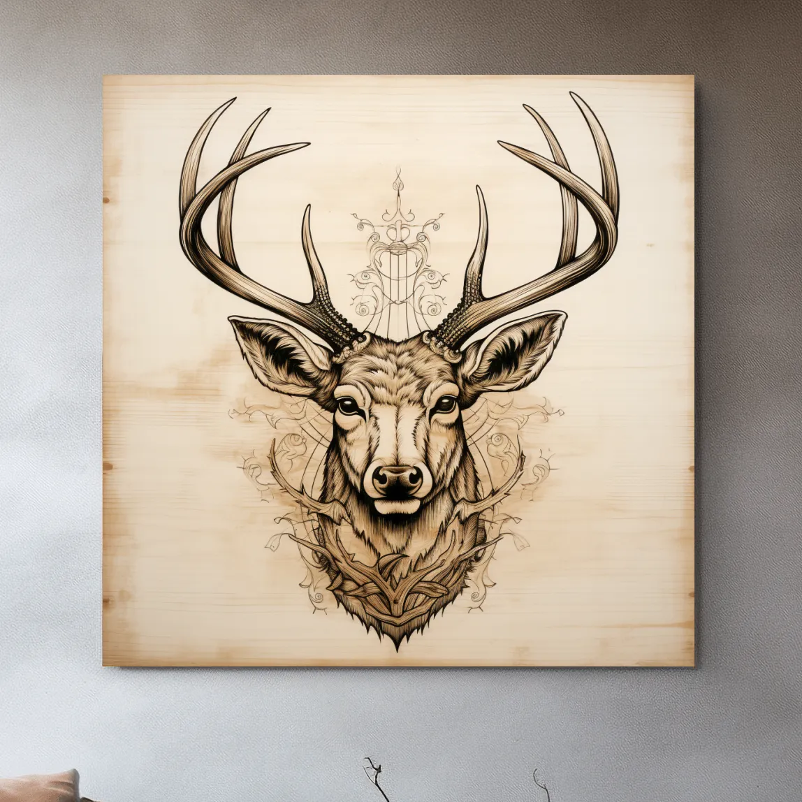 Ornate Deer Head on Wood Sketch Illustration - Rustic Wildlife Wall Art
