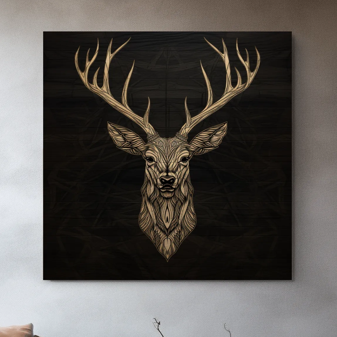 Elegant Geometric Deer Head Line Art - Rustic Woodcut Style Wildlife Artwork