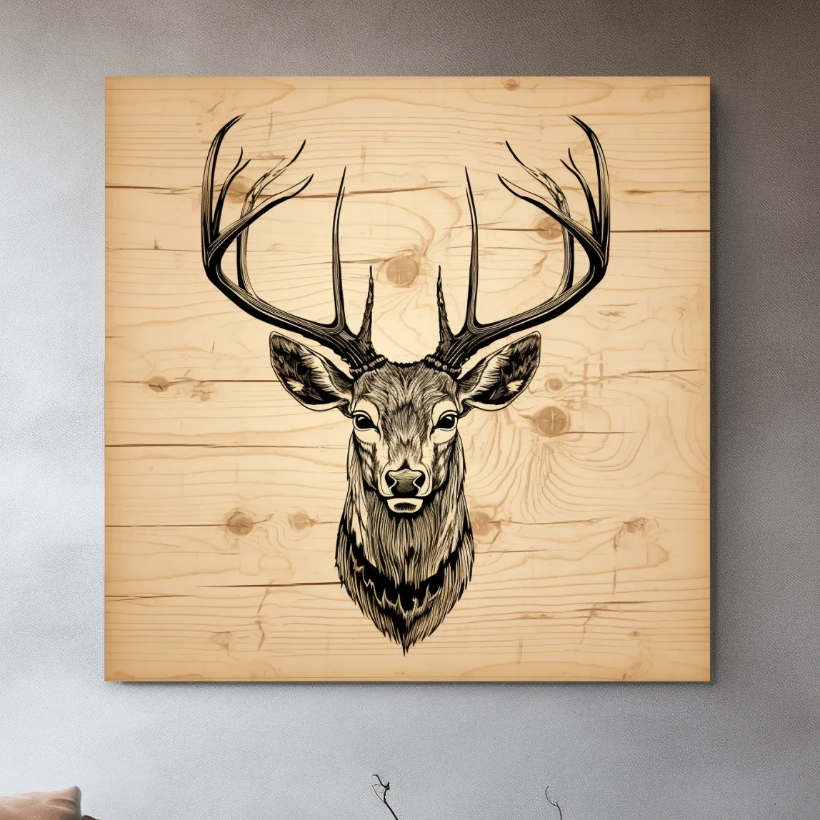 Engraved wood art of deer head