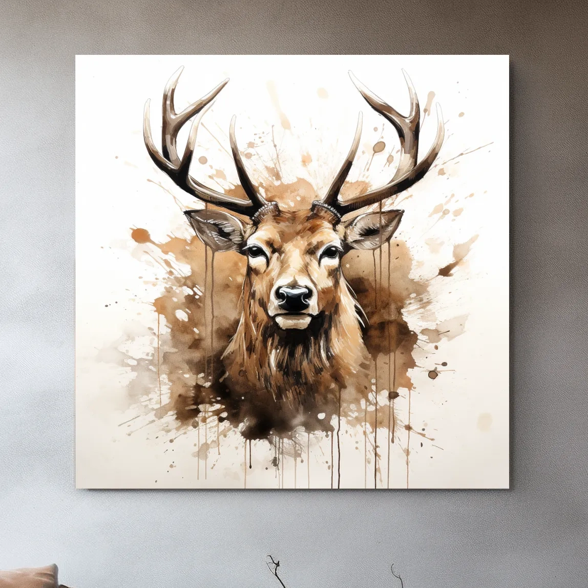 Splattered watercolour painting of a deers head