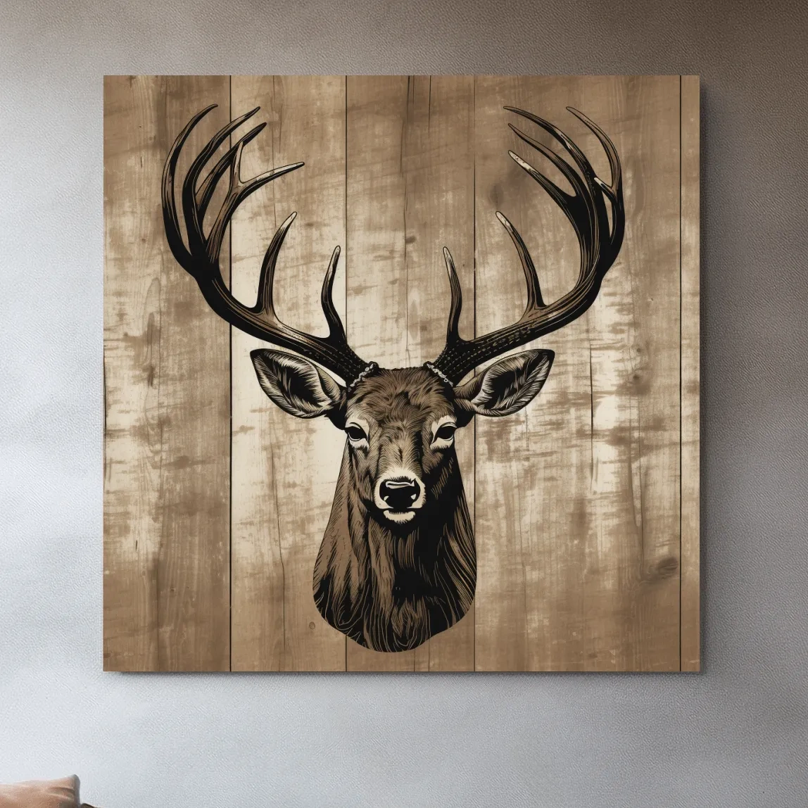Rustic Stag Head Illustration - Vintage Cabin Lodge Wildlife Wall Art