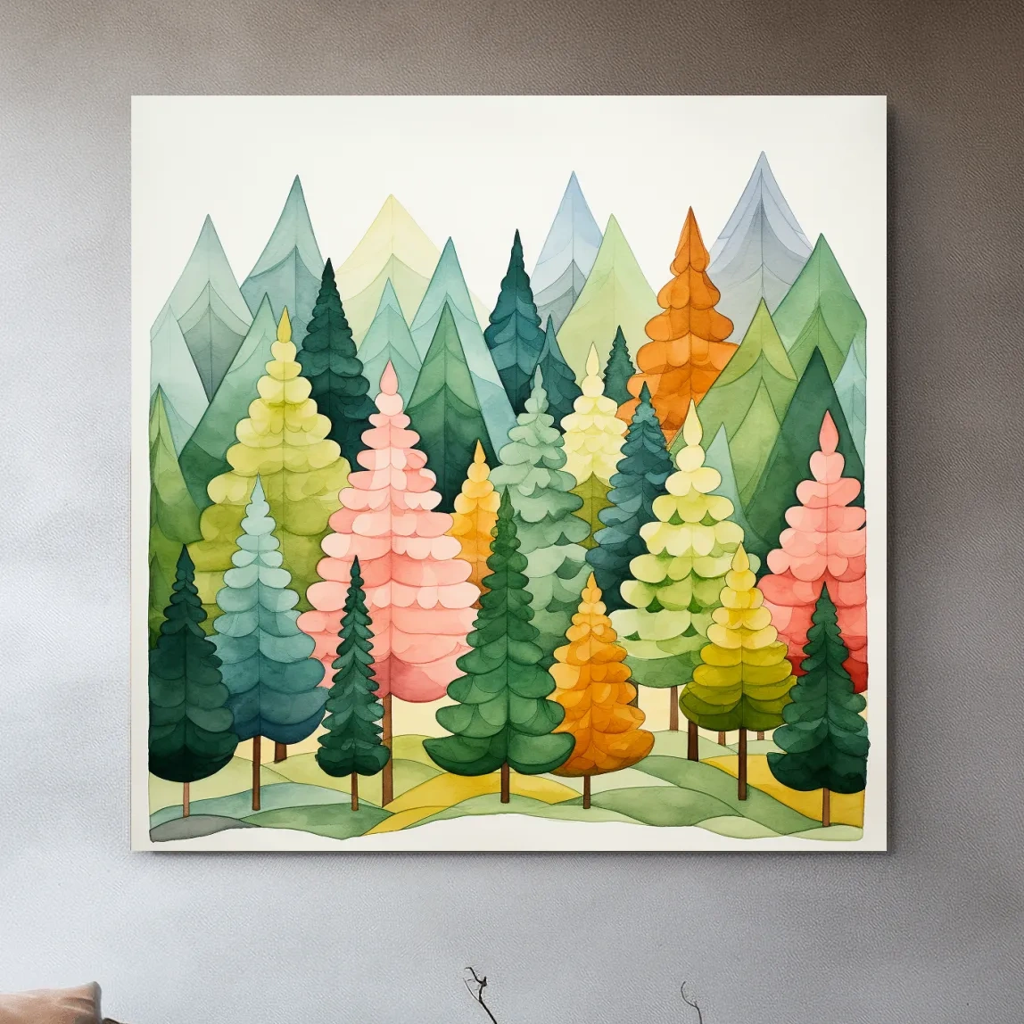 Watercolour style art of colorful dreamy forest