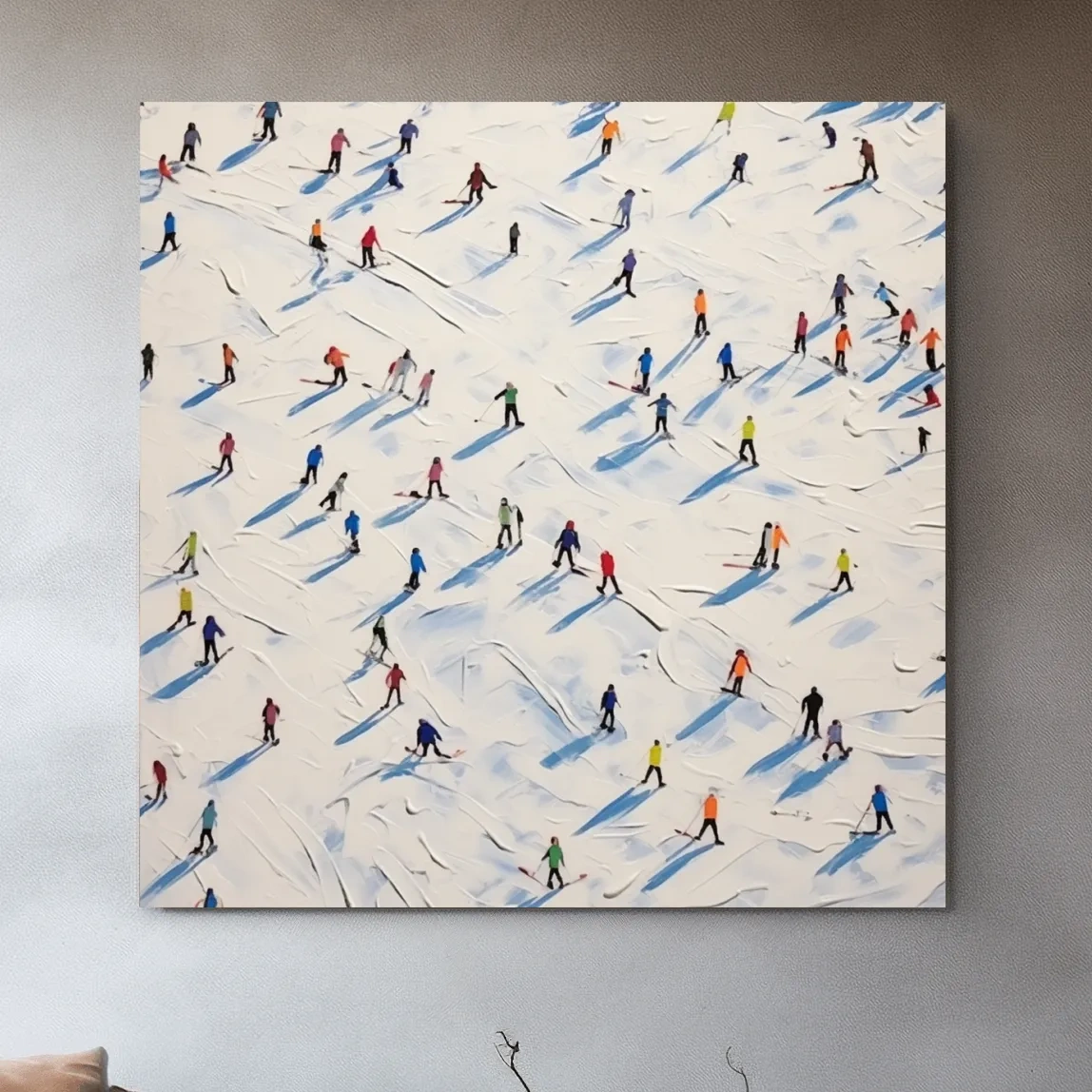 Textured Skiers On Snowy Slopes - Modern Winter Sports Painting Wall Art