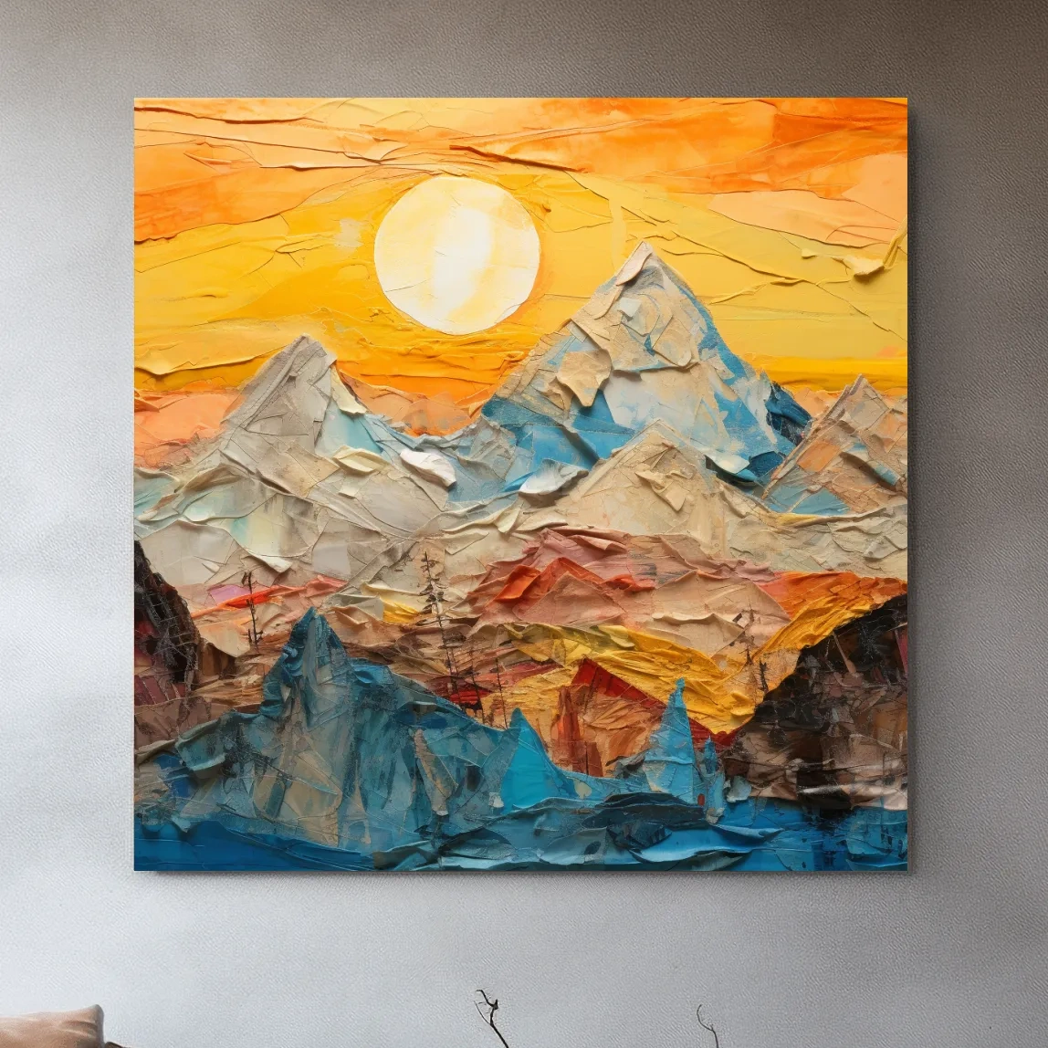 Collage Mountain Sunrise Painting - Warm Abstract Landscape Wall Art
